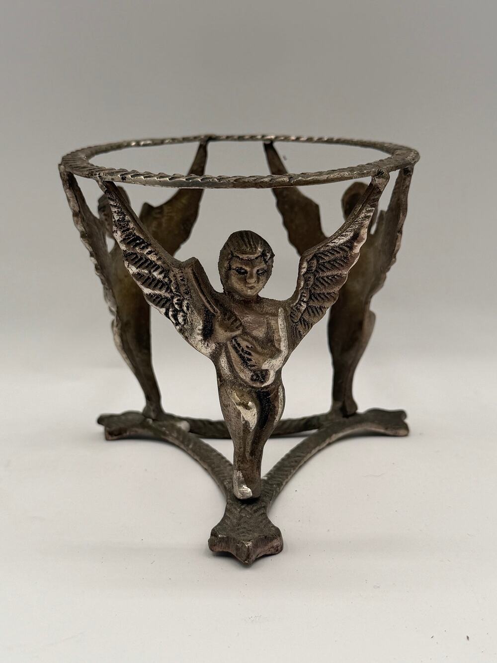 Vintage Silver-Tone Metal Cherub Angel Tripod Display Stand -4” Diameter